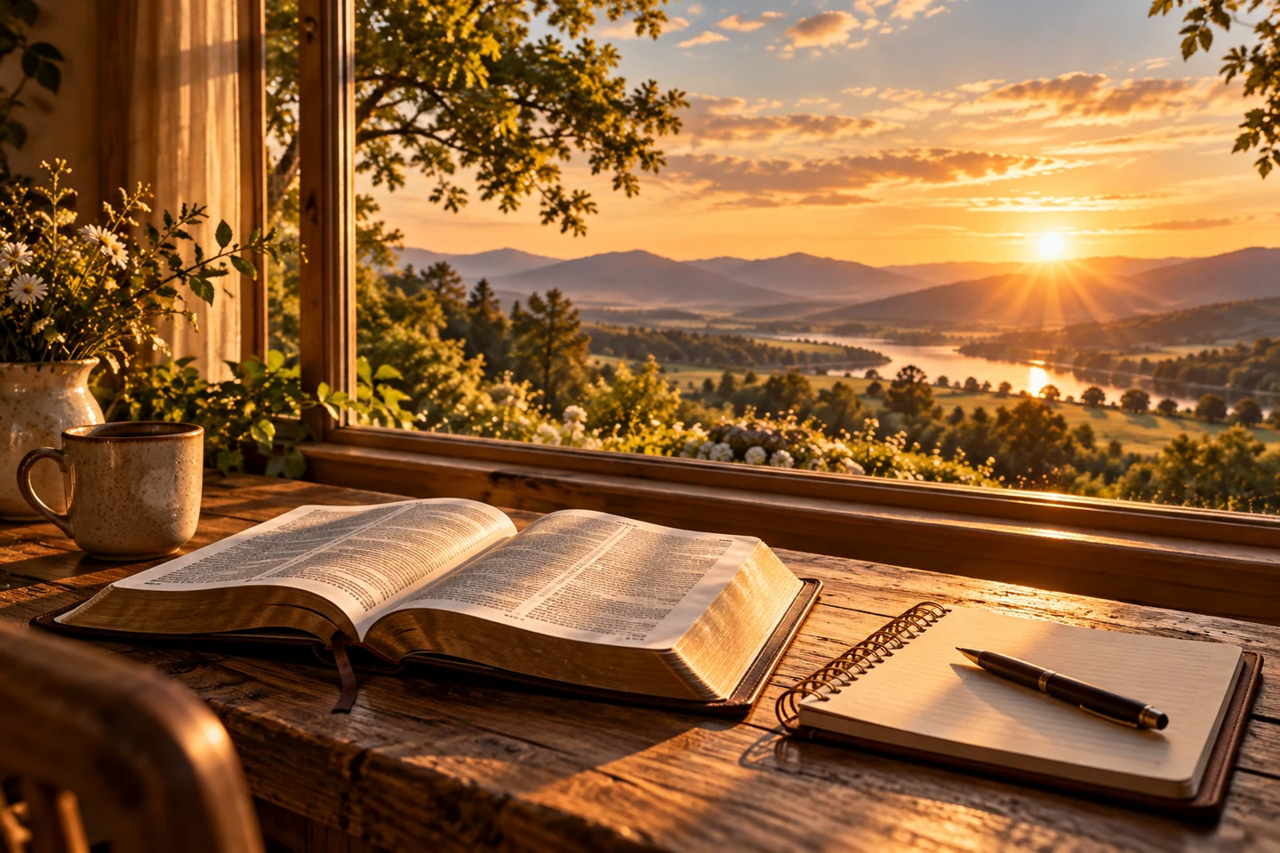 An open Bible and a journal on a wooden table by a window at sunset