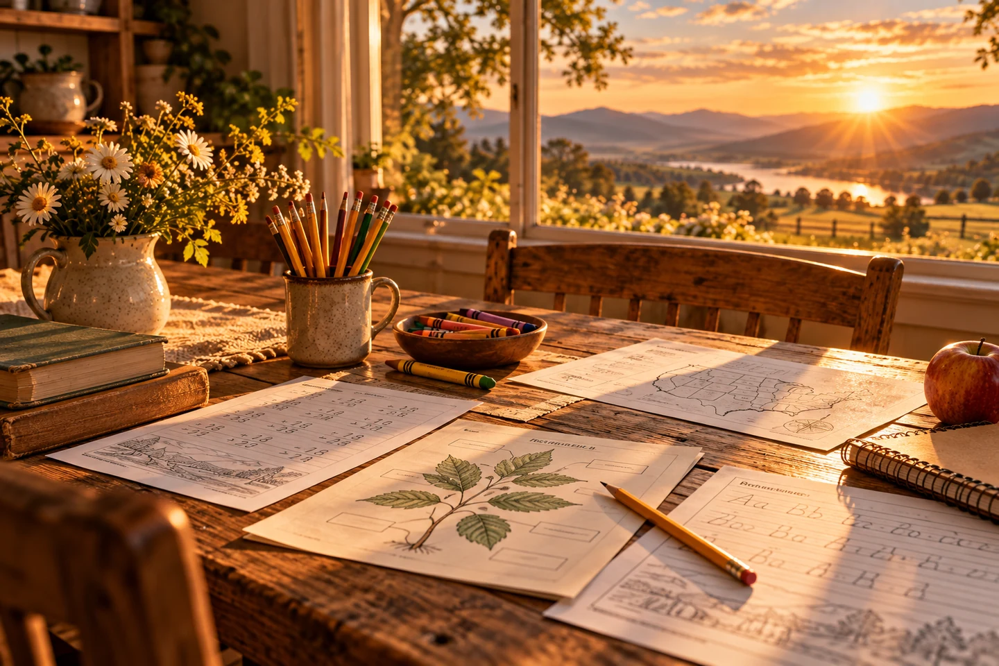 Printed worksheets, a mug of pencils and a bowl of crayons on a farmhouse table by a sunlit window