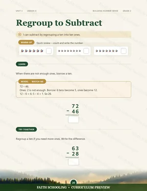 Grade 2 math lesson page, Regroup to Subtract