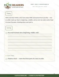 Grammar Garden Grade 1 writing page, a small-moment story