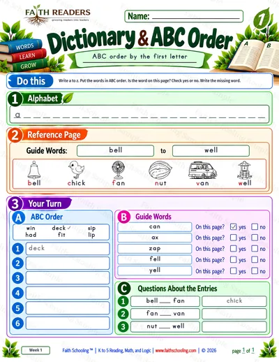 Grade 1 Phonics worksheet: Alphabetical Order & Picture Dictionary