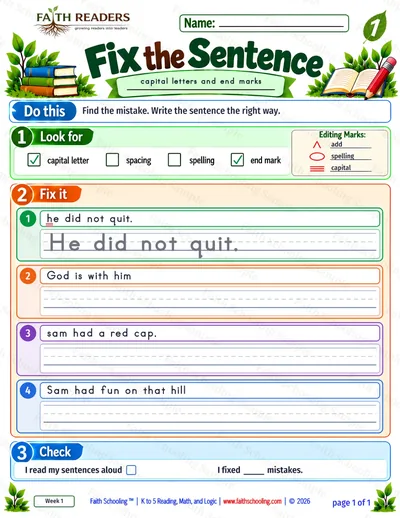 Grade 1 Grammar & Writing worksheet: Capitalization Punctuation