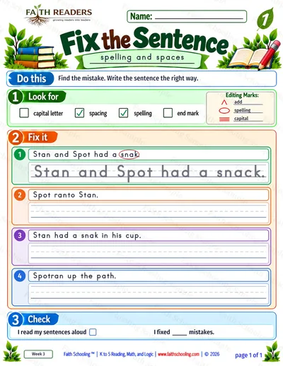 Grade 1 Grammar & Writing worksheet: Edit And Repair