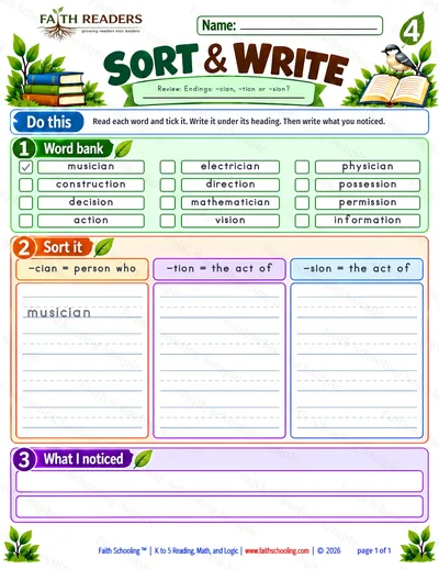 Grade 4 Vocabulary worksheet: Cian Suffix