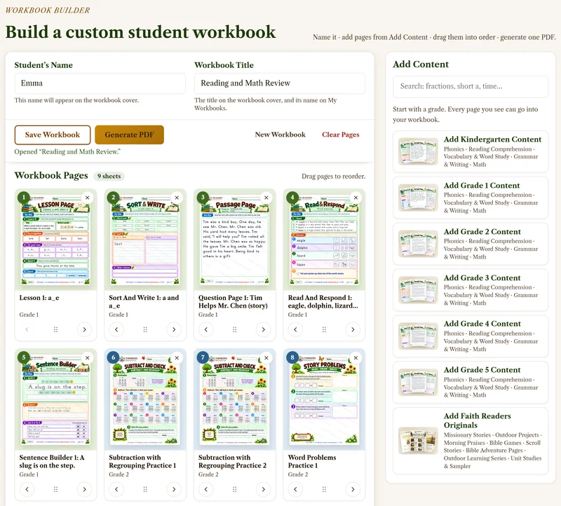 The Workbook Builder: a workbook titled Reading and Math Review, prepared for Emma, with nine practice pages in order and Add Content beside them