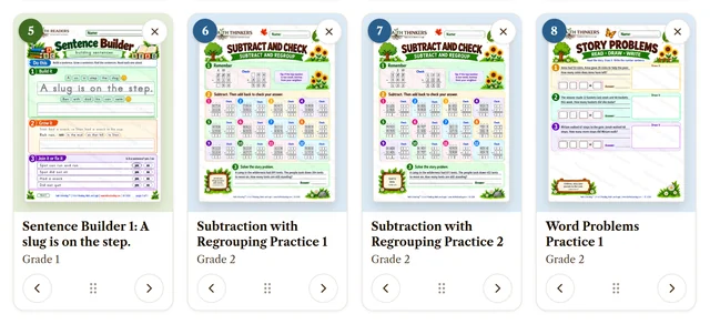 Four pages of one child’s workbook in the builder: a Grade 1 sentence page beside three Grade 2 math pages