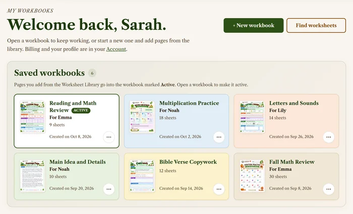 My Workbooks: a shelf of saved workbooks, each with its title, the child it is for and its number of sheets