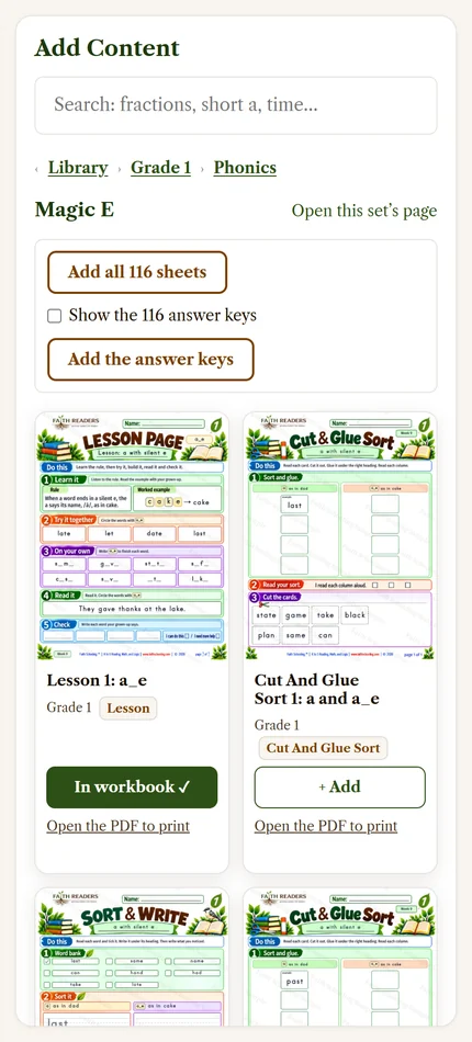 Add Content open to a skill set, with its worksheets shown as thumbnails and an Add button on each