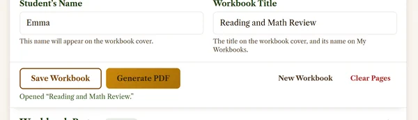 The Workbook Builder with the Student’s Name and Workbook Title filled in