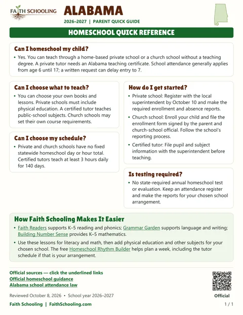 The first page of the Alabama homeschool quick reference, 2026–2027