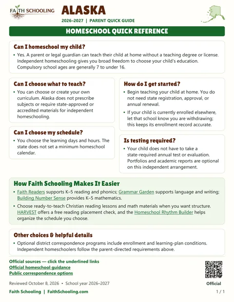 The first page of the Alaska homeschool quick reference, 2026–2027
