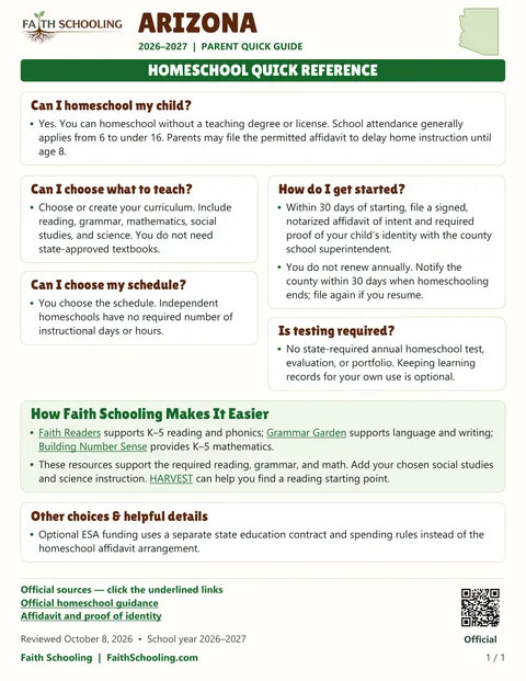 The first page of the Arizona homeschool quick reference, 2026–2027
