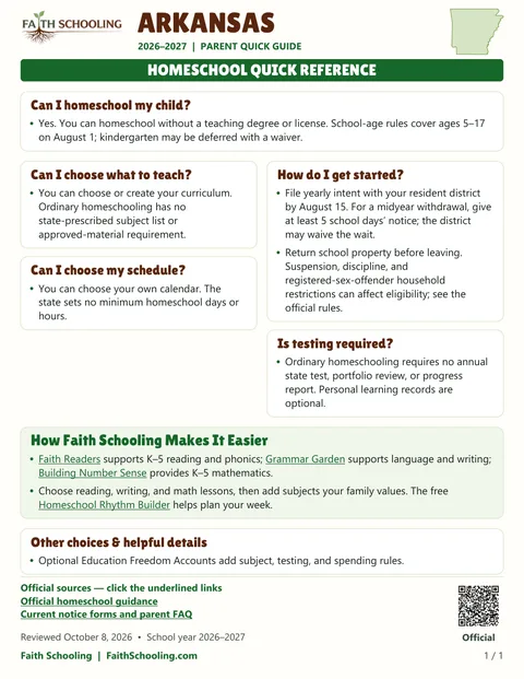 The first page of the Arkansas homeschool quick reference, 2026–2027