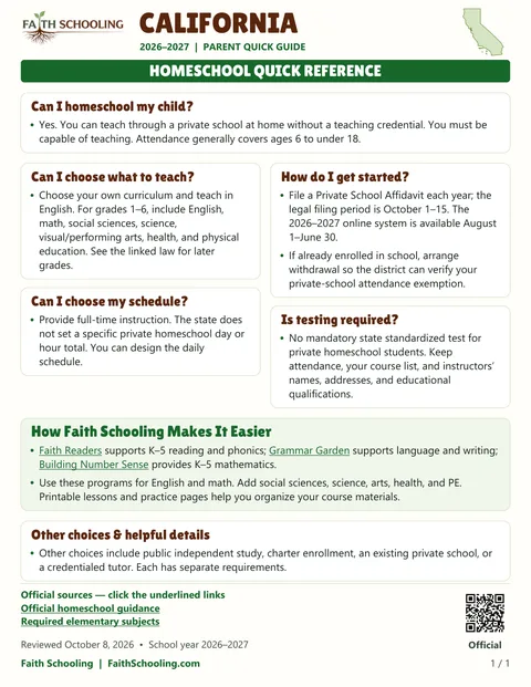 The first page of the California homeschool quick reference, 2026–2027