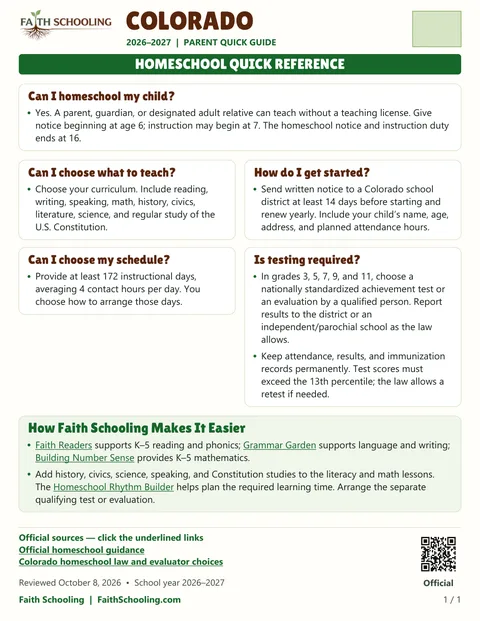 The first page of the Colorado homeschool quick reference, 2026–2027