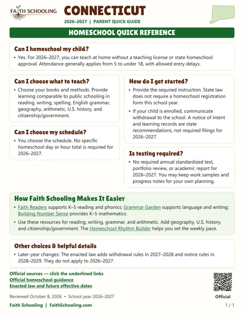 The first page of the Connecticut homeschool quick reference, 2026–2027