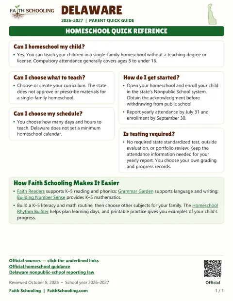 The first page of the Delaware homeschool quick reference, 2026–2027
