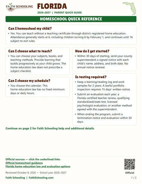 The first page of the Florida homeschool quick reference, 2026–2027