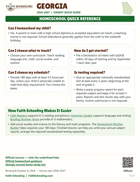 The first page of the Georgia homeschool quick reference, 2026–2027