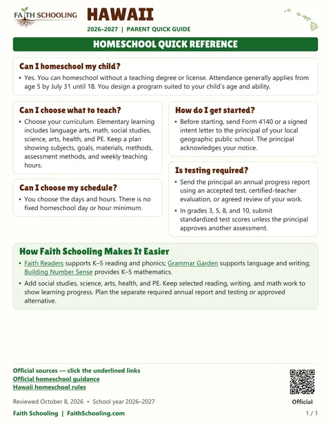 The first page of the Hawaii homeschool quick reference, 2026–2027