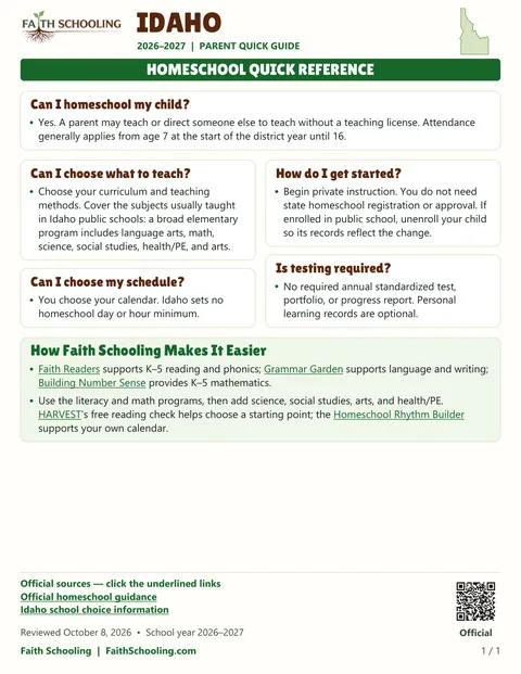 The first page of the Idaho homeschool quick reference, 2026–2027