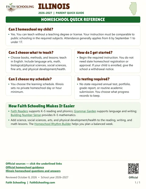 The first page of the Illinois homeschool quick reference, 2026–2027