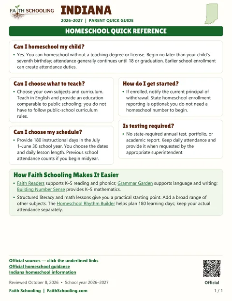 The first page of the Indiana homeschool quick reference, 2026–2027