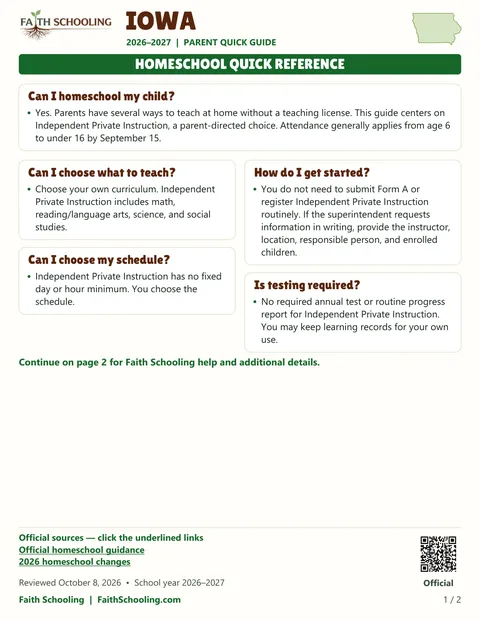 The first page of the Iowa homeschool quick reference, 2026–2027
