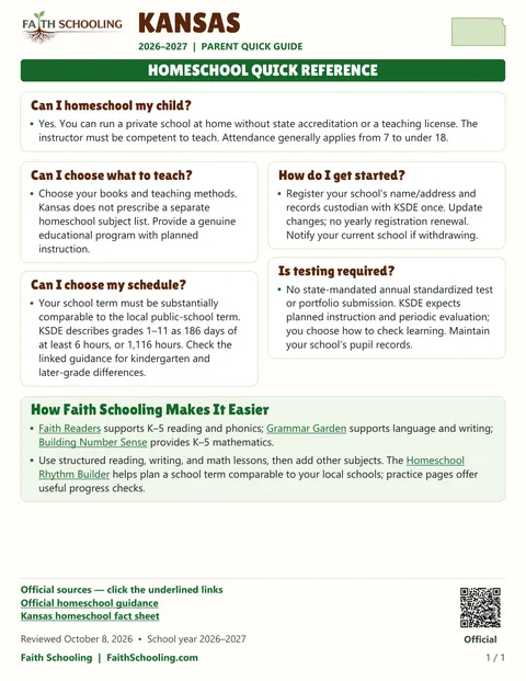 The first page of the Kansas homeschool quick reference, 2026–2027