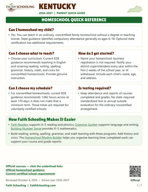 The first page of the Kentucky homeschool quick reference, 2026–2027