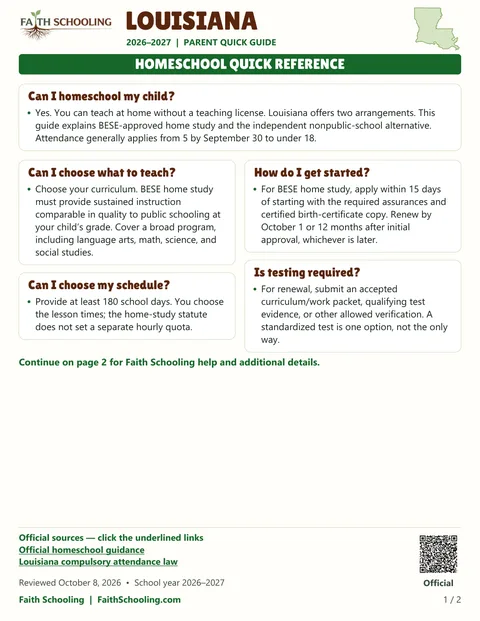 The first page of the Louisiana homeschool quick reference, 2026–2027