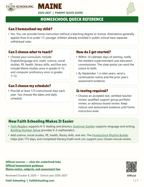The first page of the Maine homeschool quick reference, 2026–2027