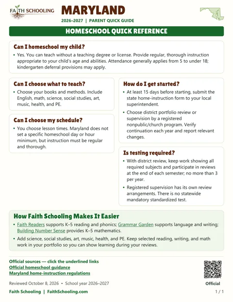 The first page of the Maryland homeschool quick reference, 2026–2027
