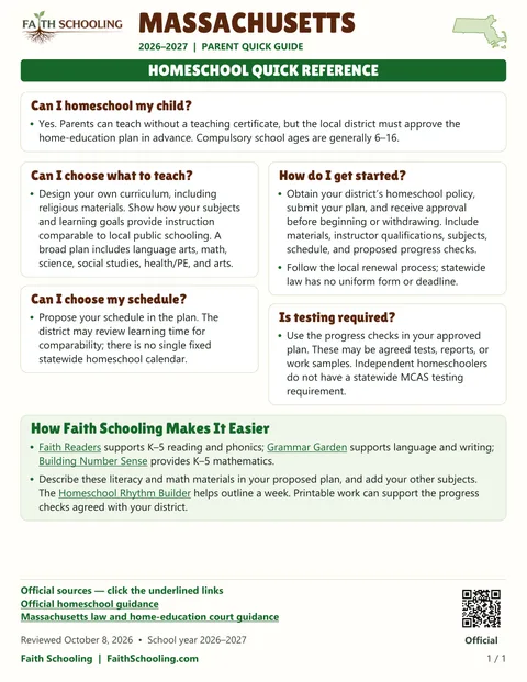 The first page of the Massachusetts homeschool quick reference, 2026–2027