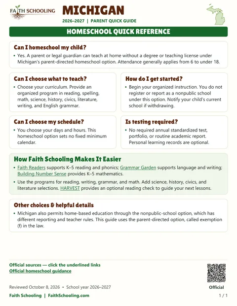The first page of the Michigan homeschool quick reference, 2026–2027