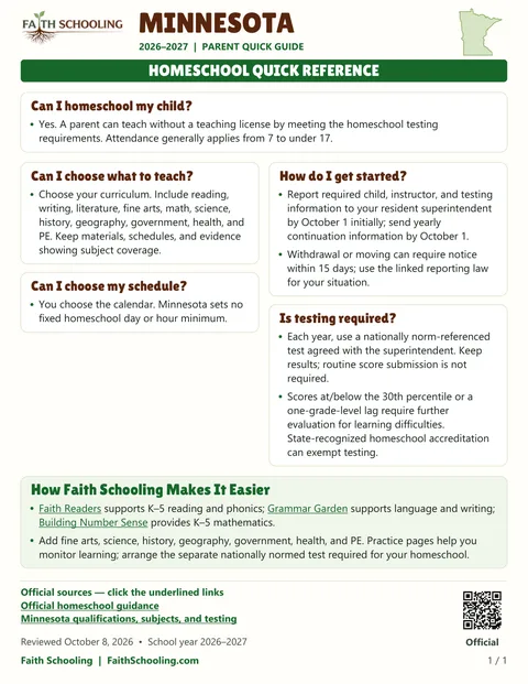 The first page of the Minnesota homeschool quick reference, 2026–2027