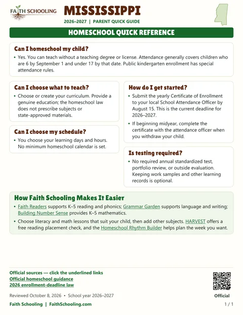 The first page of the Mississippi homeschool quick reference, 2026–2027