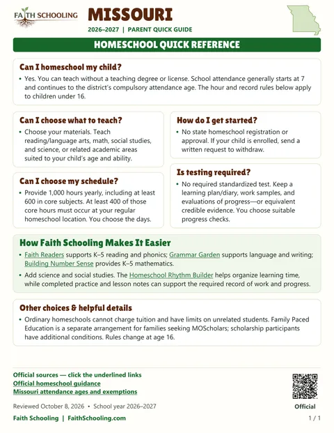 The first page of the Missouri homeschool quick reference, 2026–2027
