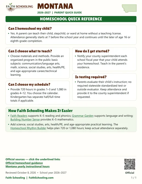 The first page of the Montana homeschool quick reference, 2026–2027