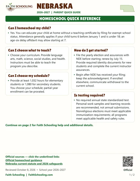 The first page of the Nebraska homeschool quick reference, 2026–2027