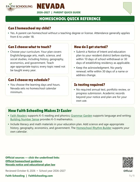 The first page of the Nevada homeschool quick reference, 2026–2027