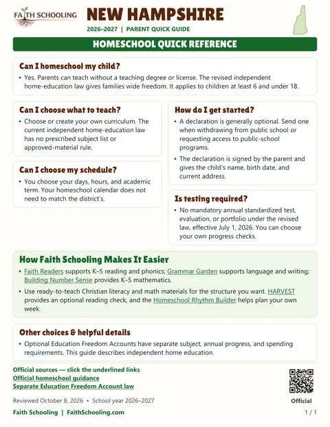 The first page of the New Hampshire homeschool quick reference, 2026–2027