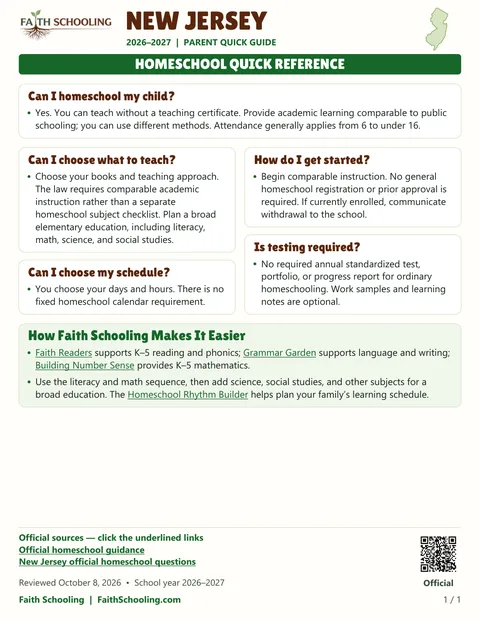 The first page of the New Jersey homeschool quick reference, 2026–2027
