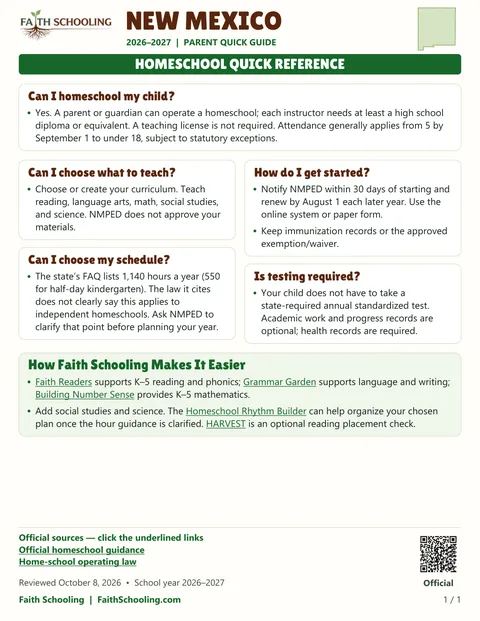 The first page of the New Mexico homeschool quick reference, 2026–2027