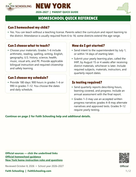 The first page of the New York homeschool quick reference, 2026–2027