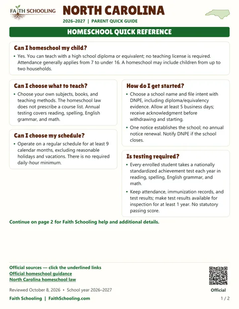 The first page of the North Carolina homeschool quick reference, 2026–2027