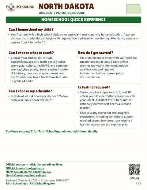 The first page of the North Dakota homeschool quick reference, 2026–2027