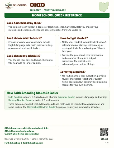 The first page of the Ohio homeschool quick reference, 2026–2027