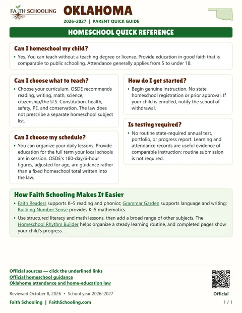 The first page of the Oklahoma homeschool quick reference, 2026–2027