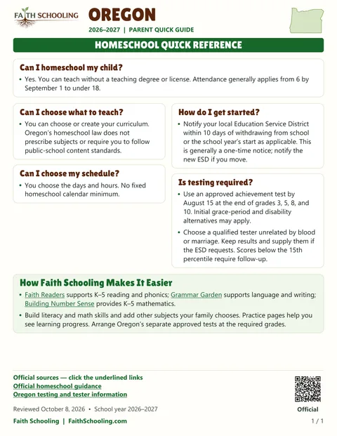 The first page of the Oregon homeschool quick reference, 2026–2027